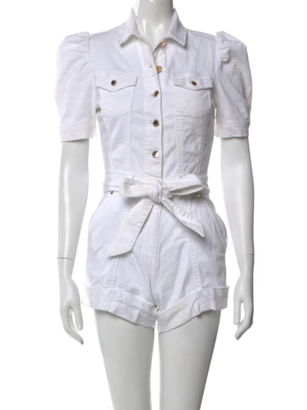 Retrofête Phoebe White Puff-Sleeve Denim Belted Romper Jumper Button Up Sz M